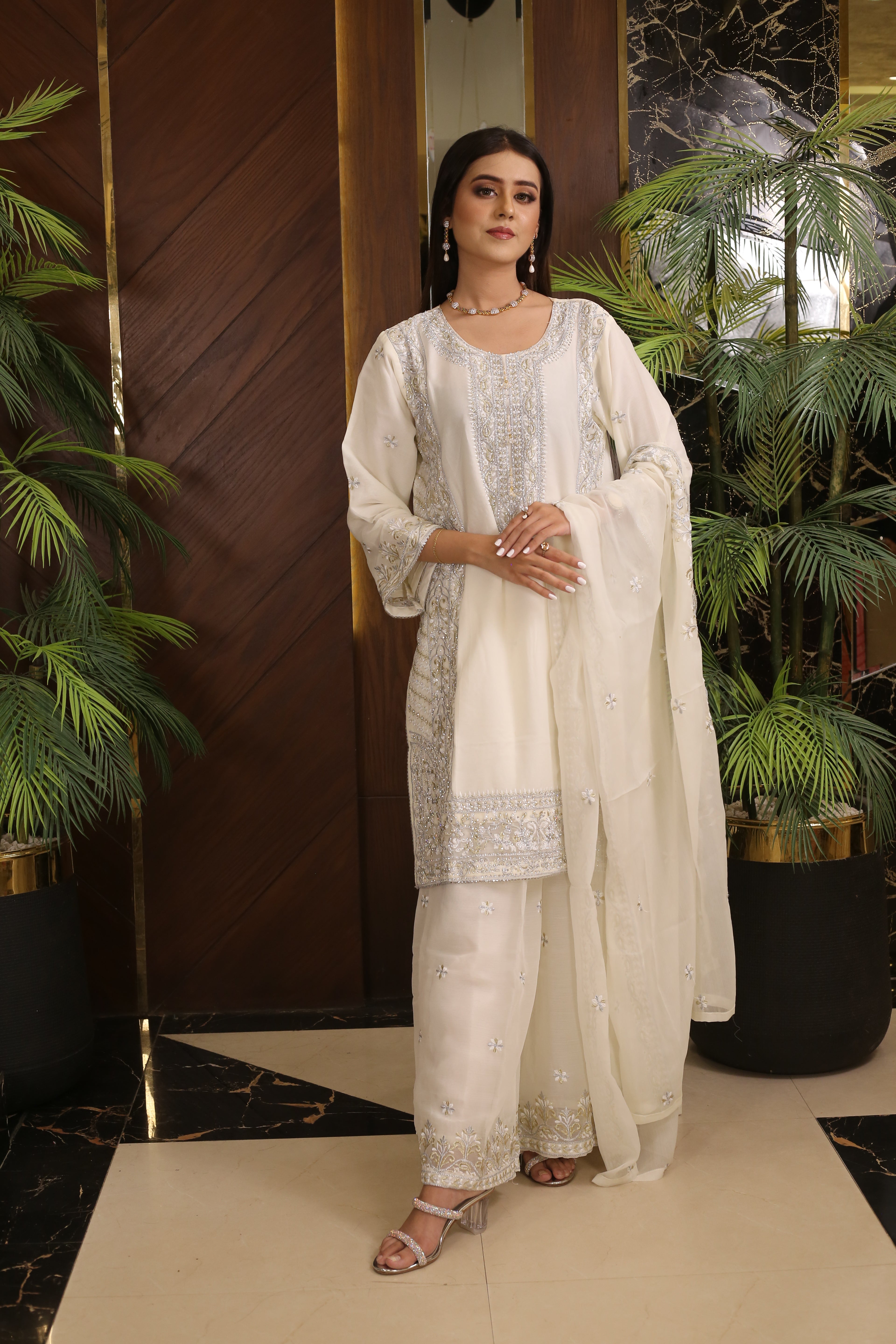 Shimmering Silver Stone Work Plazo Suit