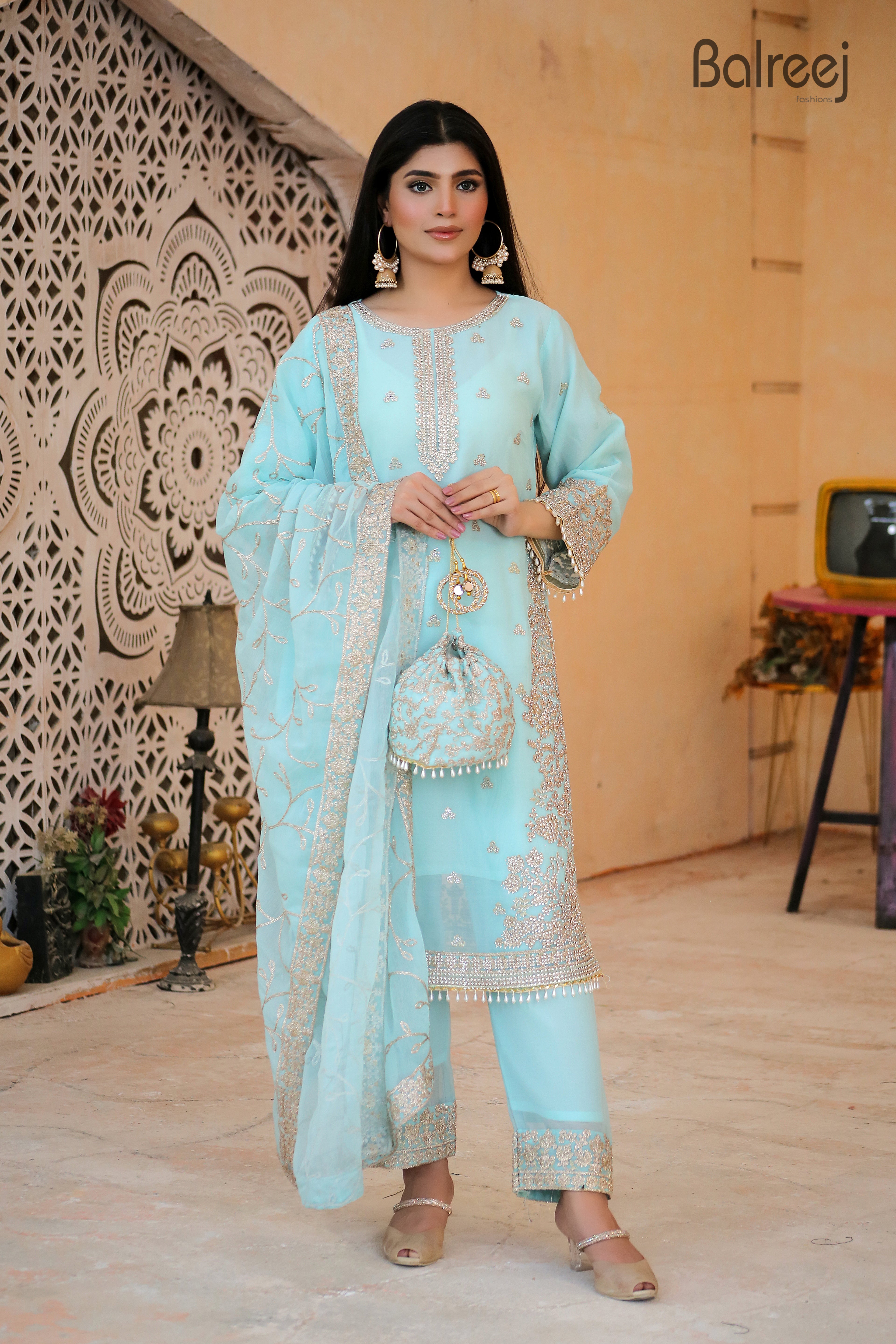 Luxury 3PC Long Shirt Suit Intricate DMC Stone Work Designer Set