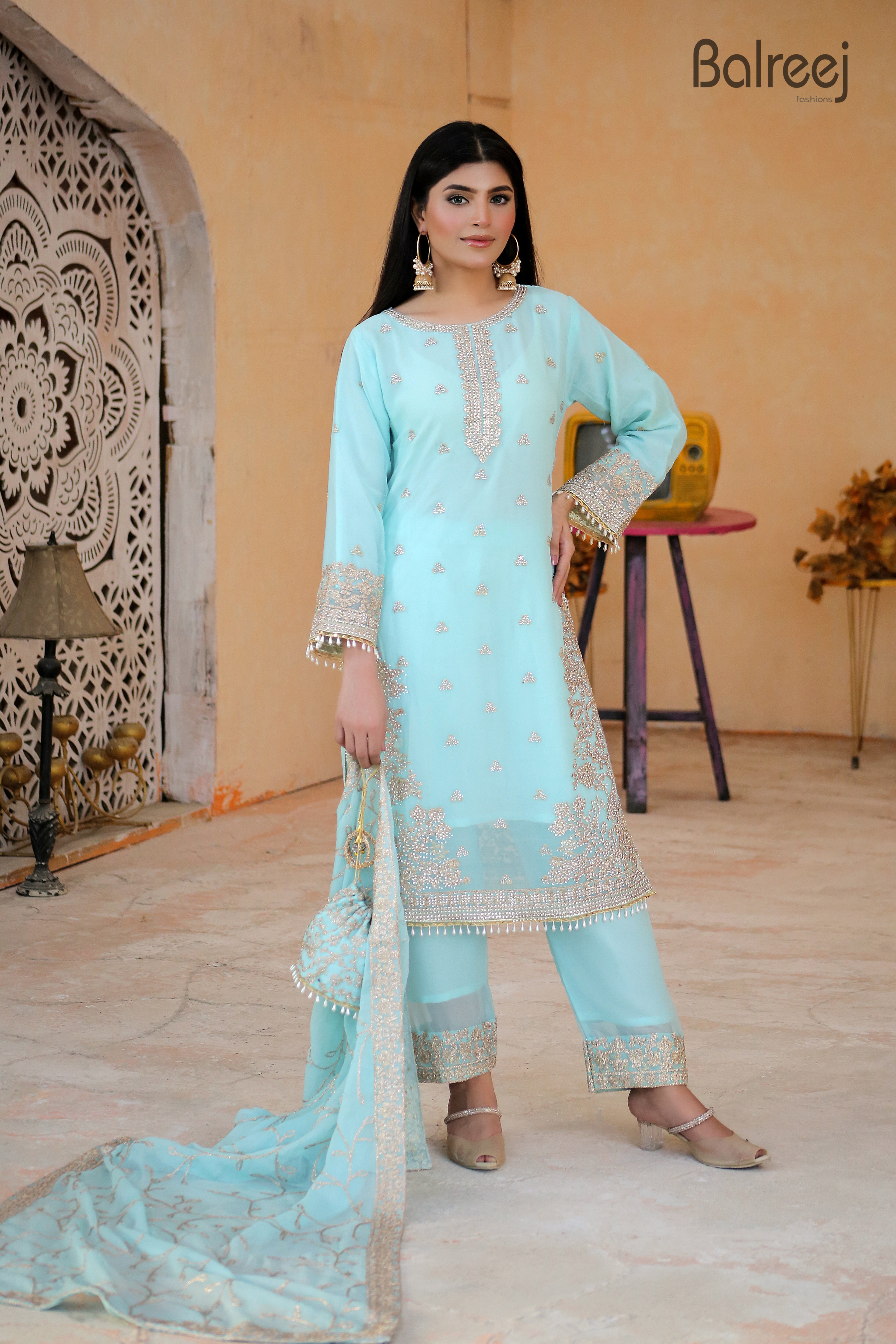 Luxury 3PC Long Shirt Suit Intricate DMC Stone Work Designer Set