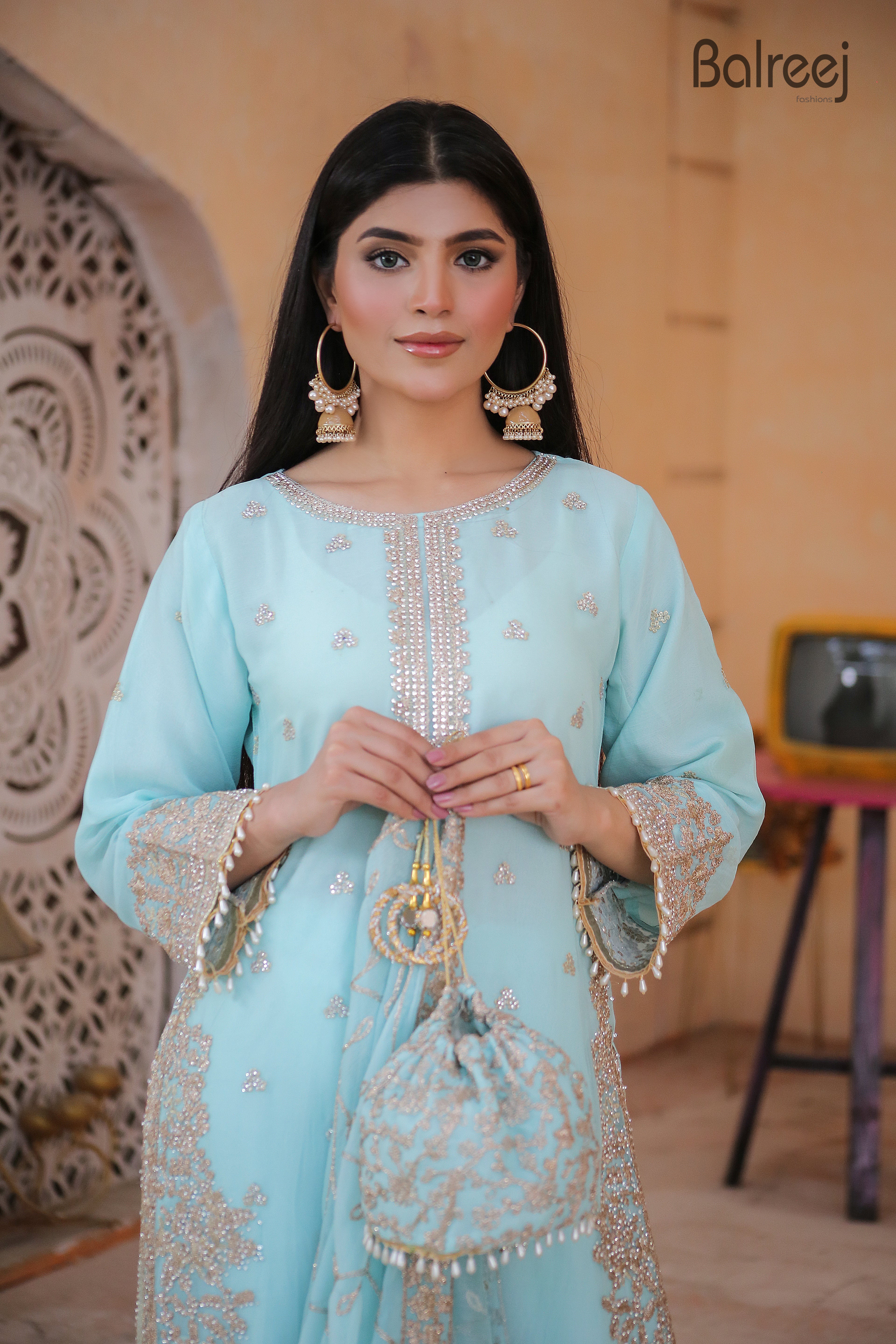 Luxury 3PC Long Shirt Suit Intricate DMC Stone Work Designer Set
