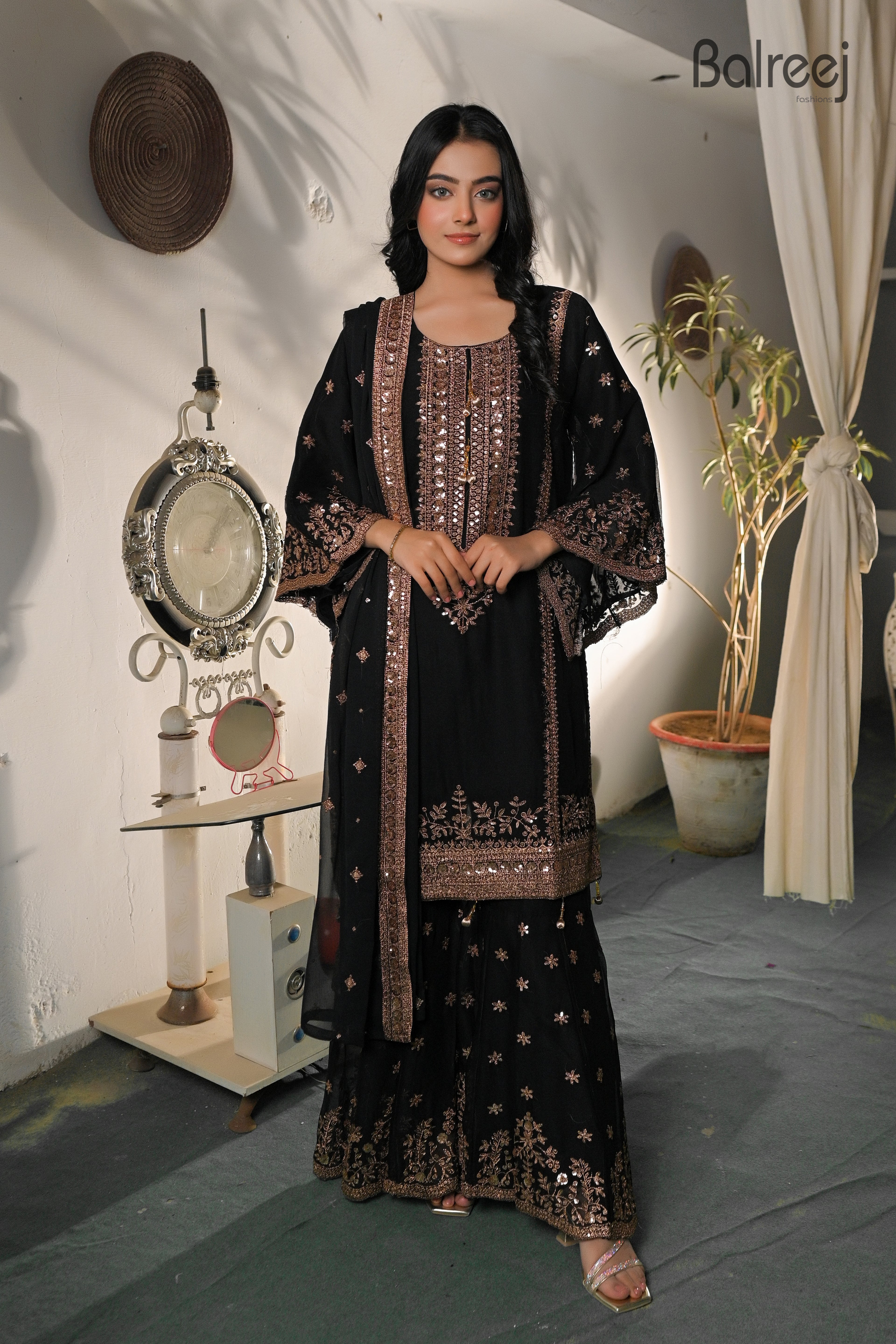 3PC Golden Zari Work Suit with Gharara | Traditional Wedding Wear