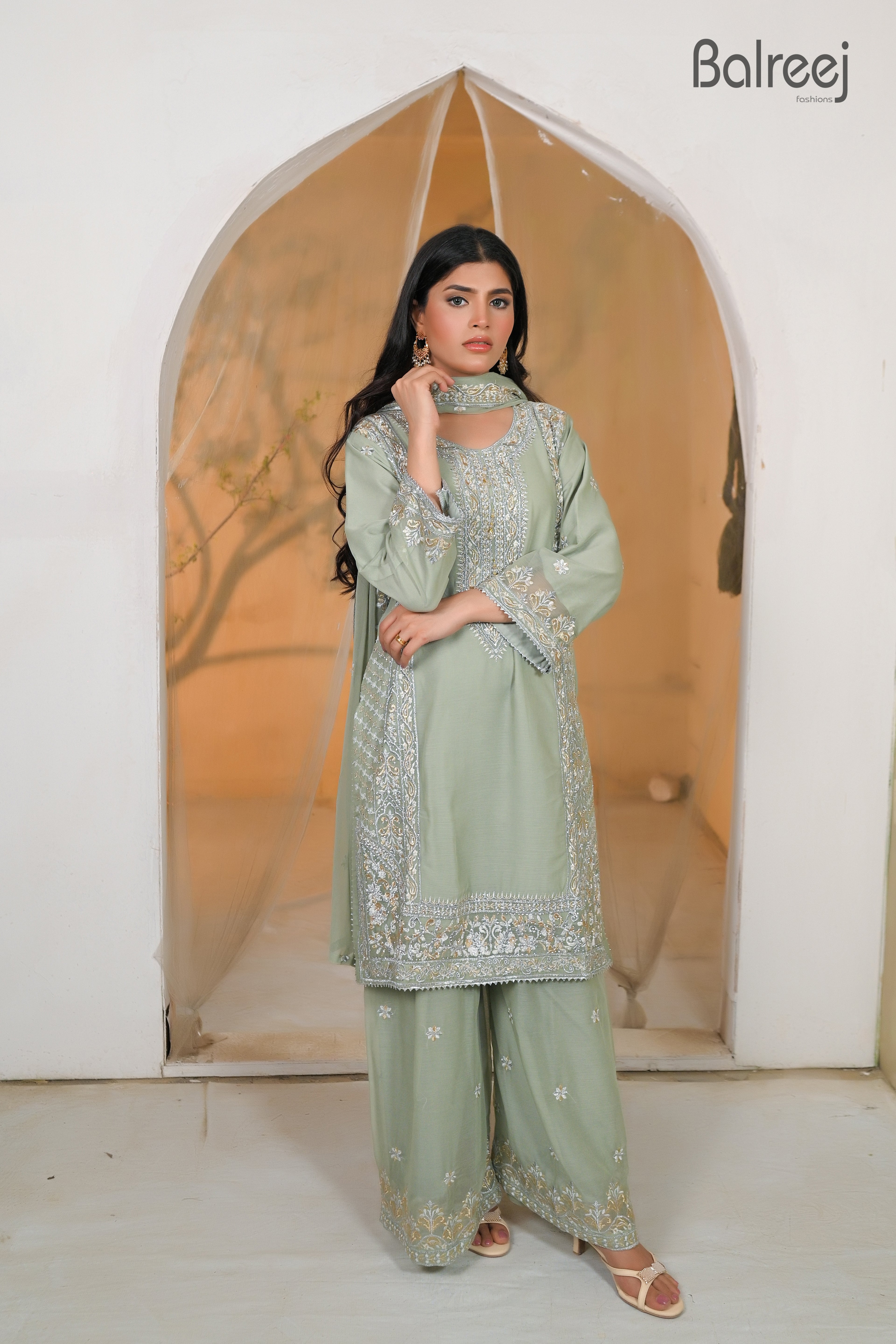 Shimmering Silver Stone Work Plazo Suit