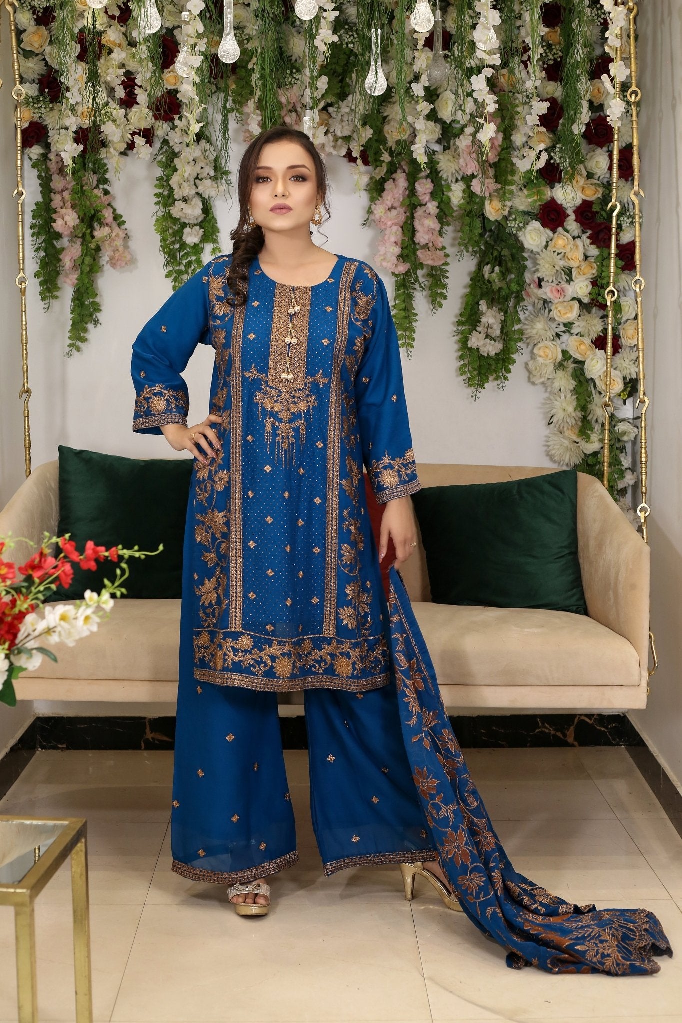 BF - 008 |Heavy Stone Work Gold Zari Plazo Dress - BalreejFashions